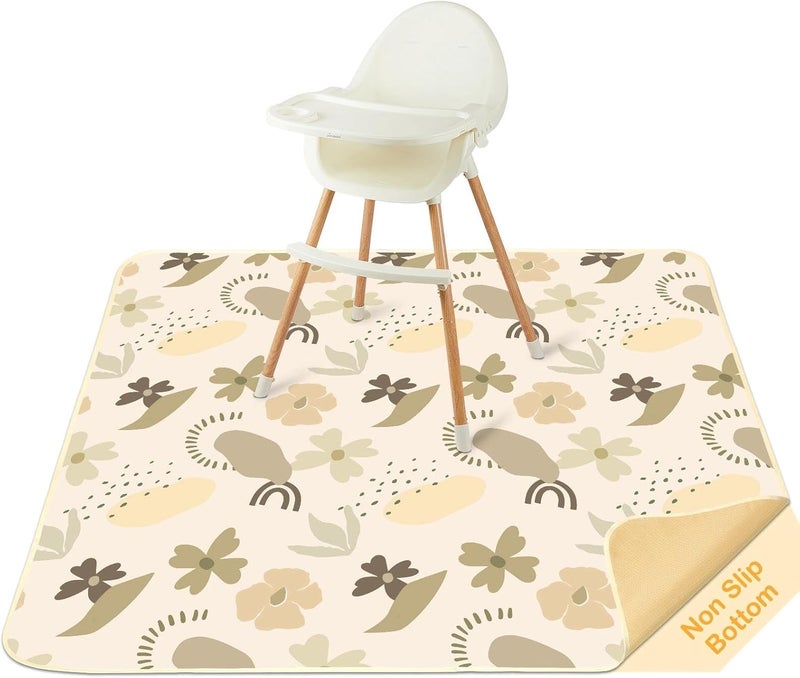 BeBeJoJo Splat Mat for Under High Chair 42 x 42 Inch Waterproof Baby Splash Mat with Non Slip Bottom Reusable Portable Highchair Mat for Floor Food Catcher for High Chair, Coffee Flowers - Image 1
